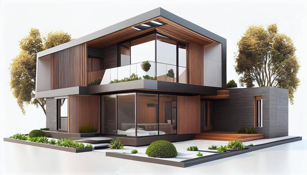 Grafické prevedie domu na mieru so skleneným zábradlím aj s hliníkovými oknami. 